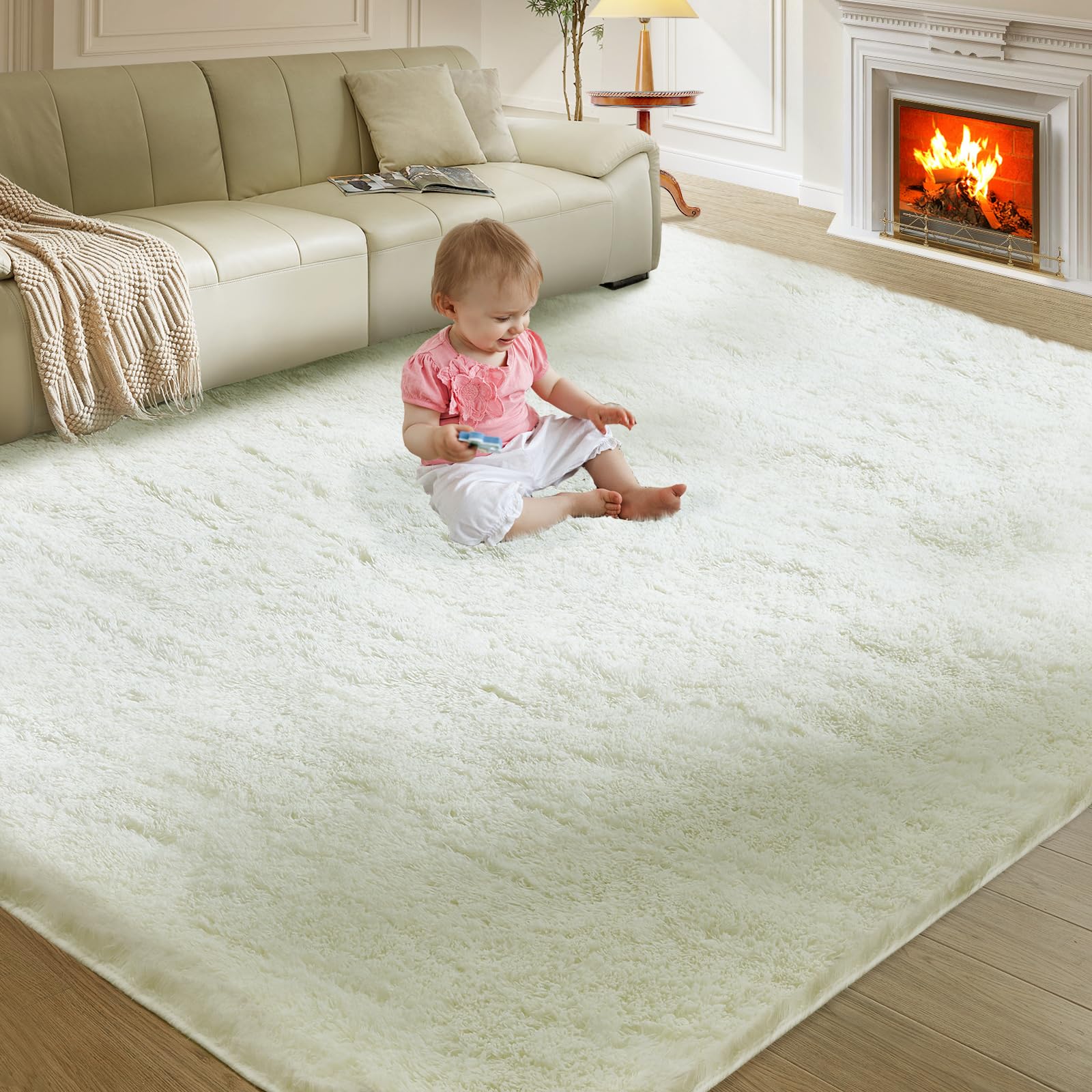 Fairblink vue frontale du tapis crème montrant la texture moelleuse et le design épuré