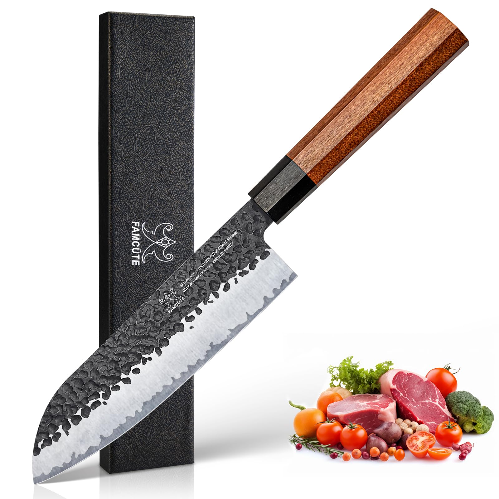 FAMCÜTE santoku vue avant packag­ing, montre qualité et finition