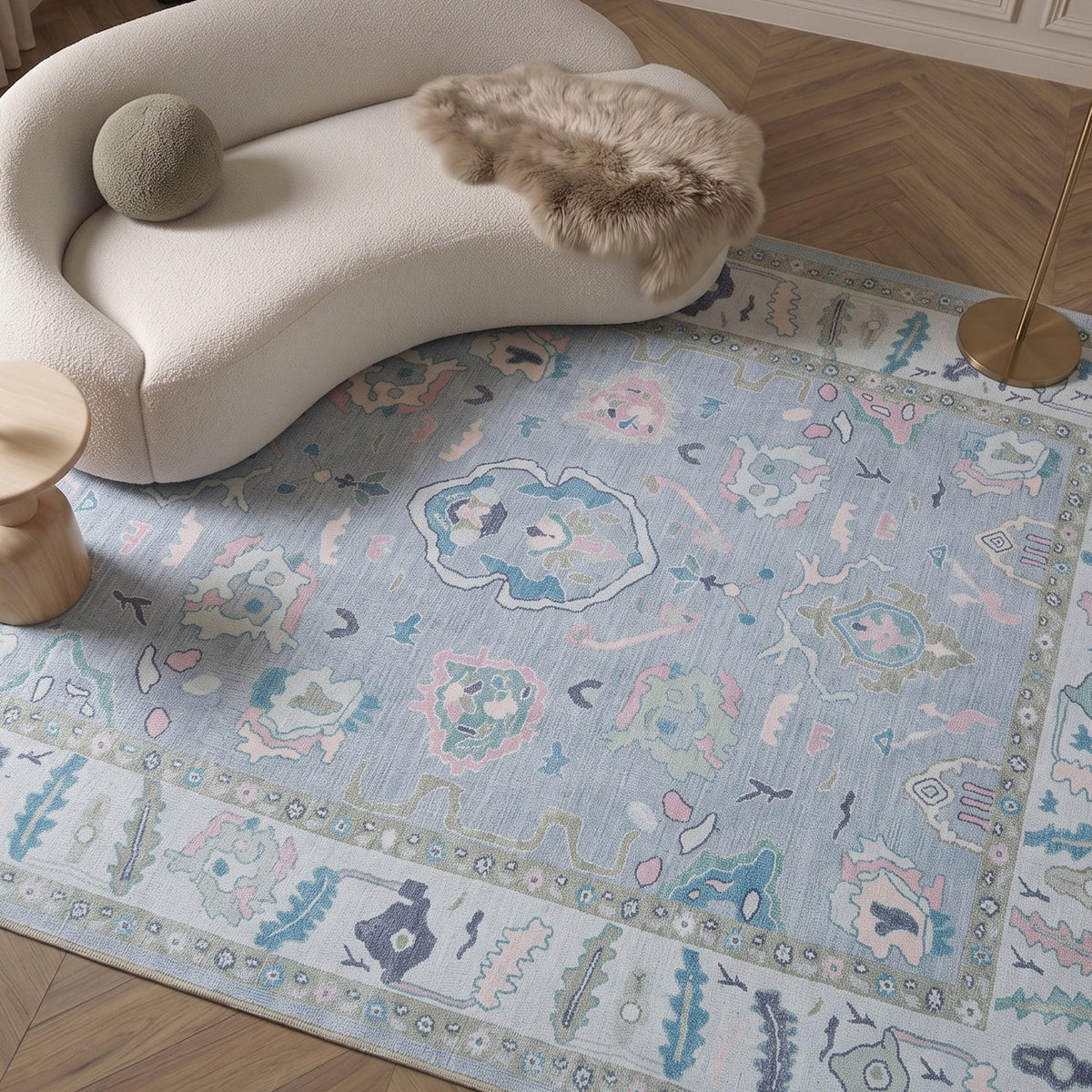 Fame Rugs vue avant du tapis Oushak lavande pour une décoration élégante