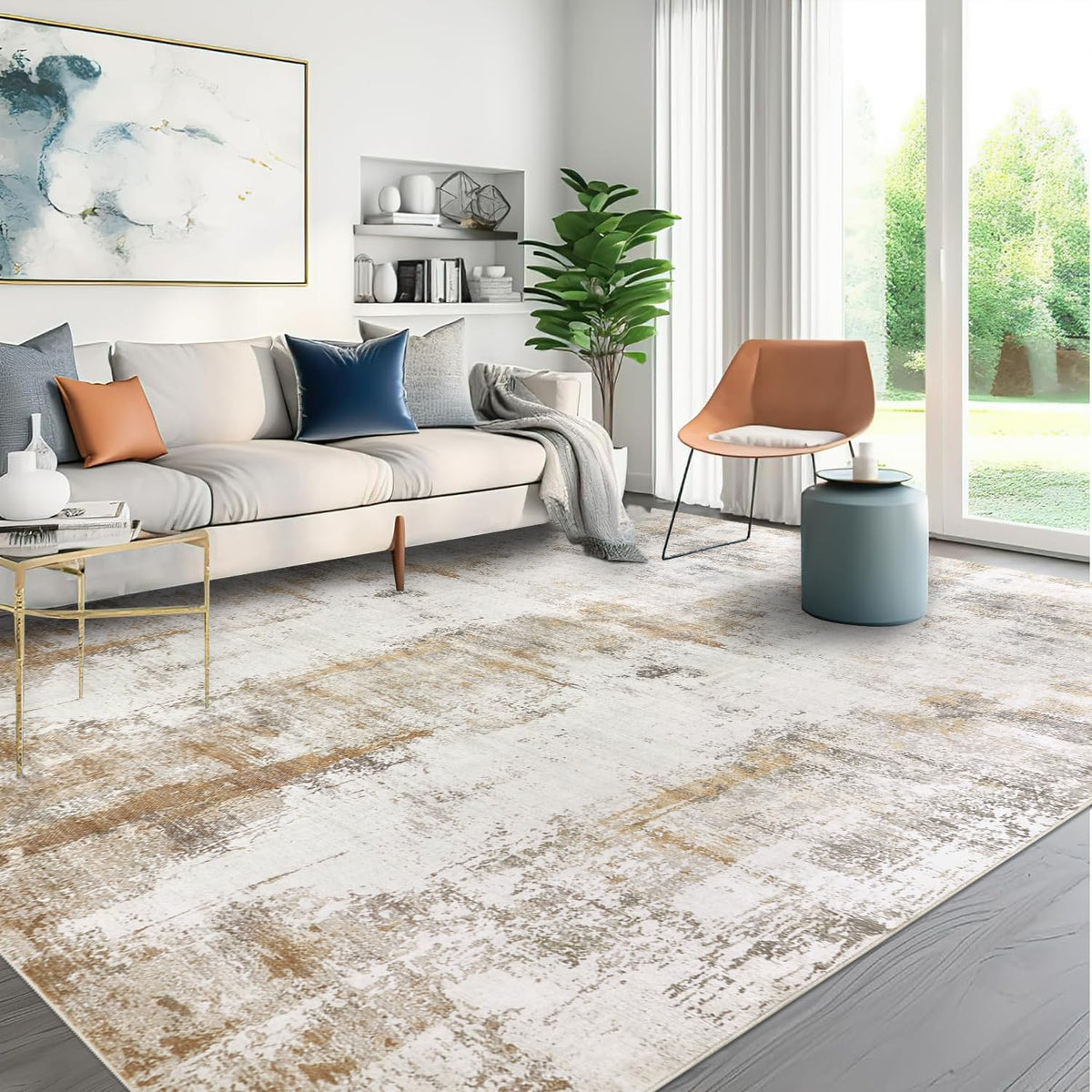 famibay tapis 8x10 face avant montrant motif abstrait et tons beige camel pour harmonie déco