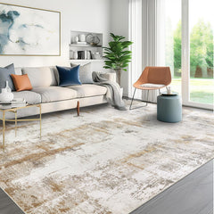 famibay tapis 8x10 face avant montrant motif abstrait et tons beige camel pour harmonie déco