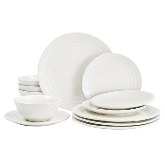 famiware vue frontale du service 12 pièces montrant assiettes et bols, esthétique artisanale