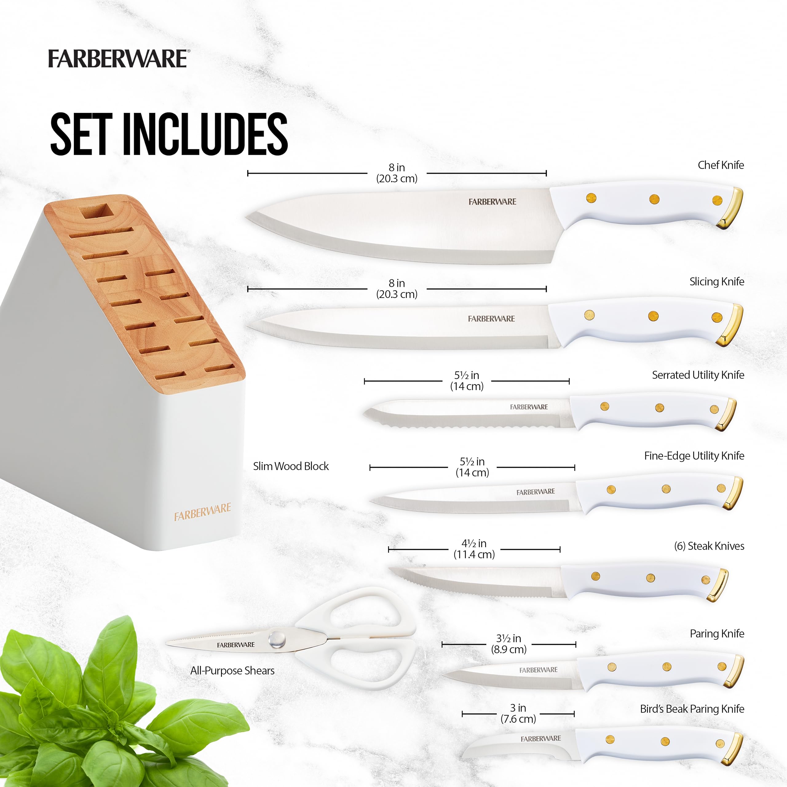 Farberware détail manche blanc à triple rivet doré, meilleure prise en main