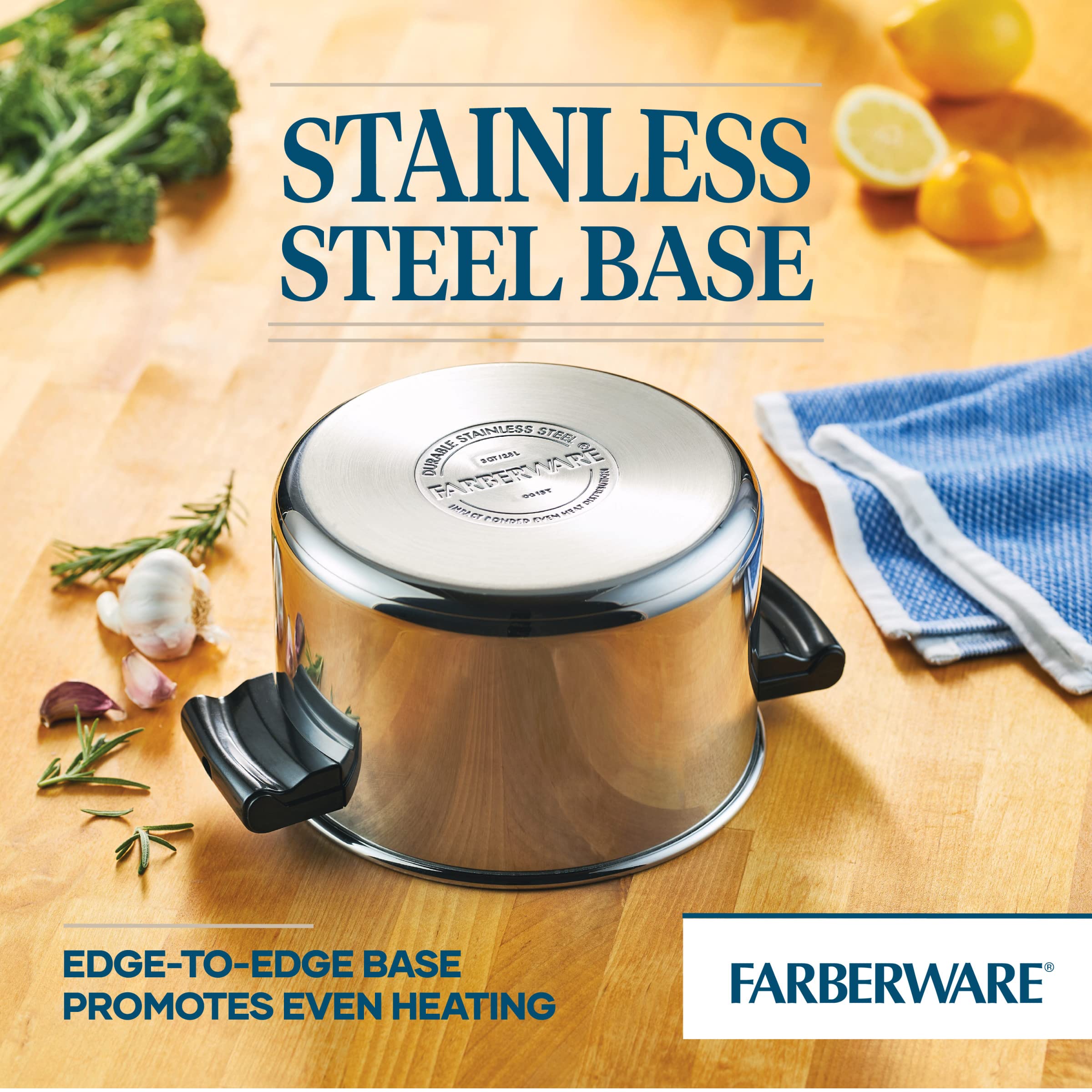 Farberware casserole en usage sur plaque montrant chauffe uniforme et polyvalence culinaire