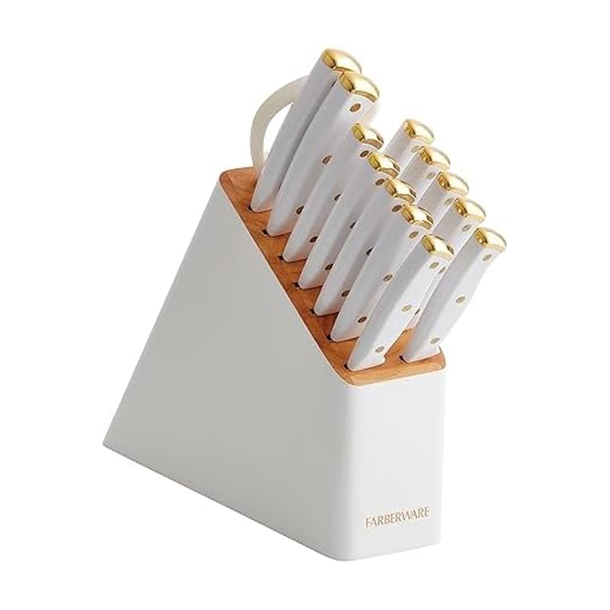 Farberware vue de face du bloc blanc et or avec couteaux, rangement pratique