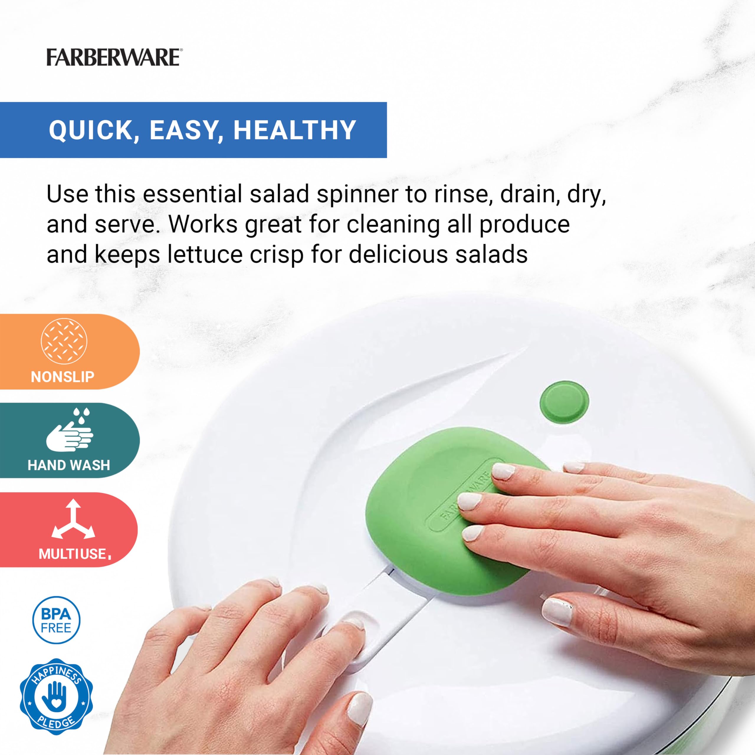 Farberware détail de la pompe soft-touch garantissant essorage facile