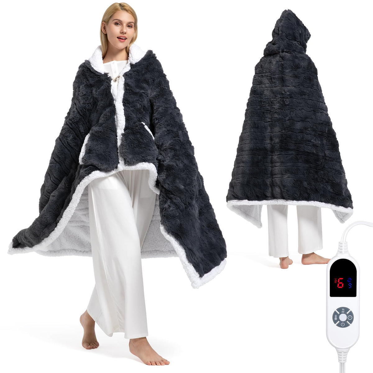 FAYKONCEN poncho-plaid face montrant coupe et capuche pour confort instantané
