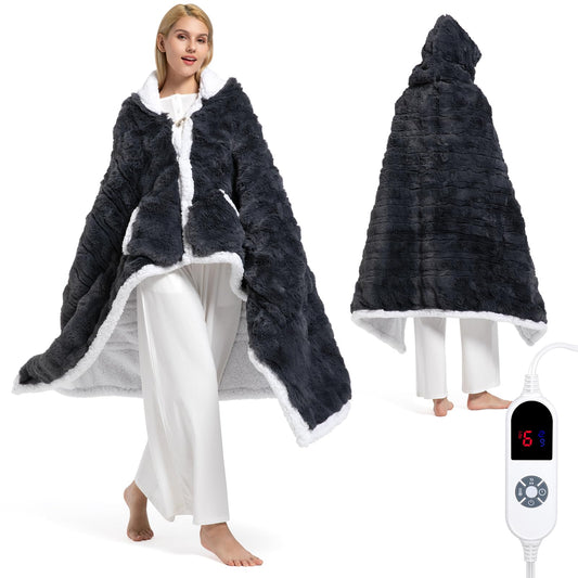 FAYKONCEN poncho-plaid face montrant coupe et capuche pour confort instantané