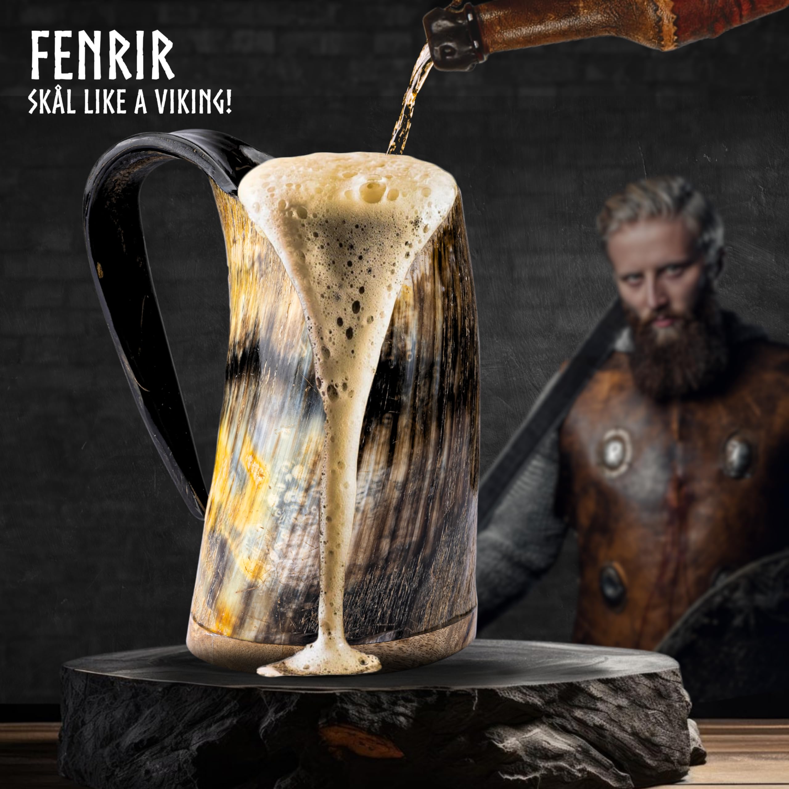 FENRIR ensemble corne, shot et décapsuleur sur sac de rangement prêt à offrir