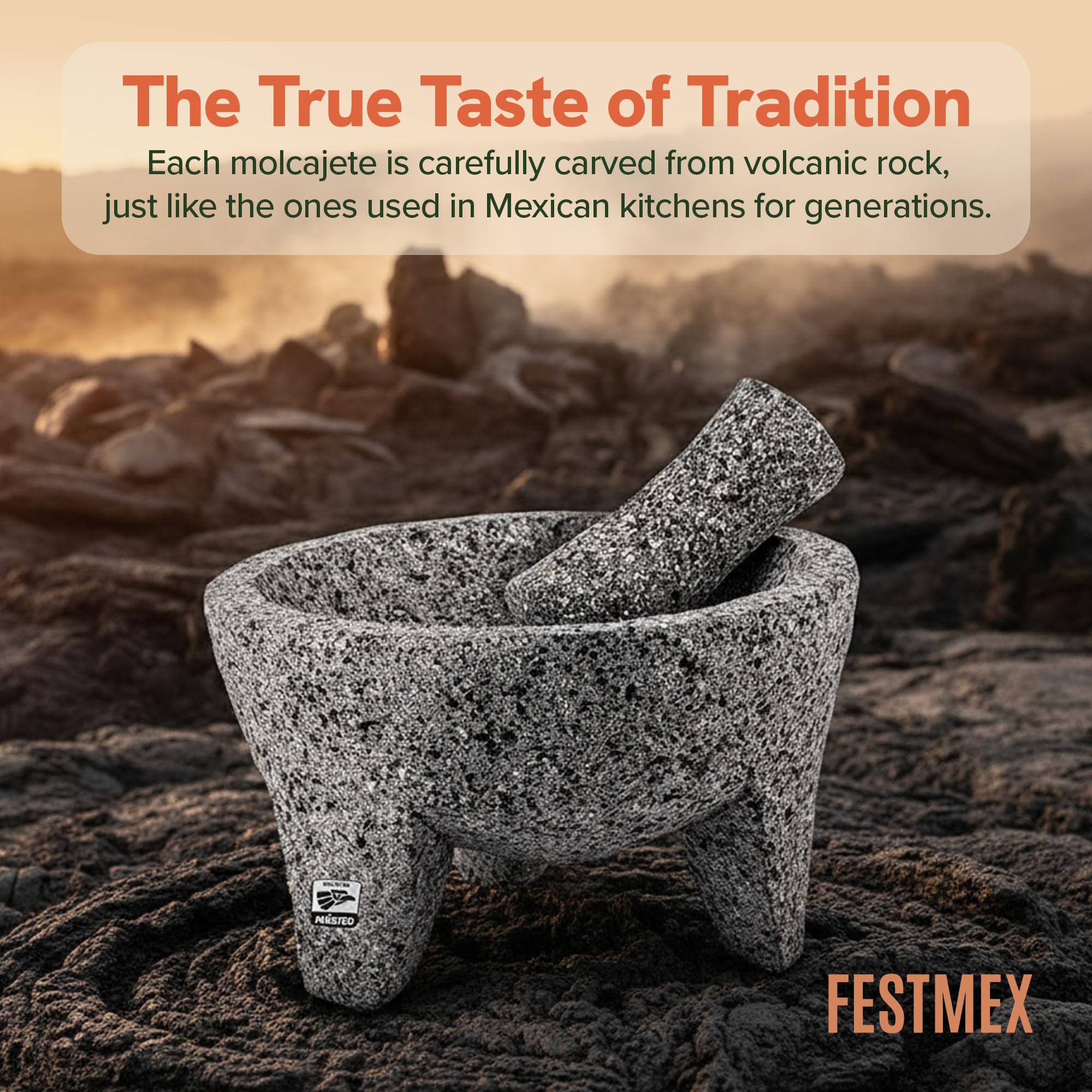 Comparaison taille FESTMEX molcajete à côté d’une assiette pour échelle