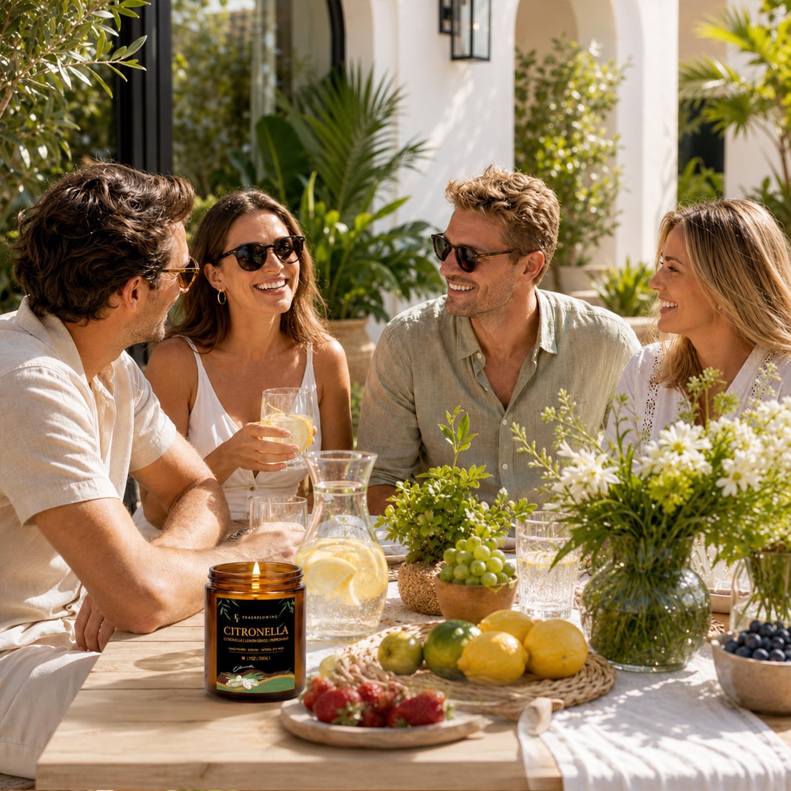 FF FRAGRFLOWING bougie sur terrasse estivale créant atmosphère fraîche