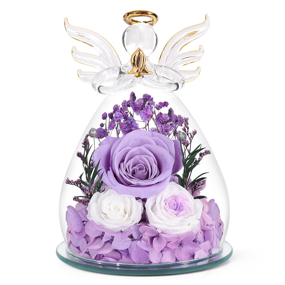 FIACO ange en verre vu de face montrant la rose préservée et l'éclat décoratif