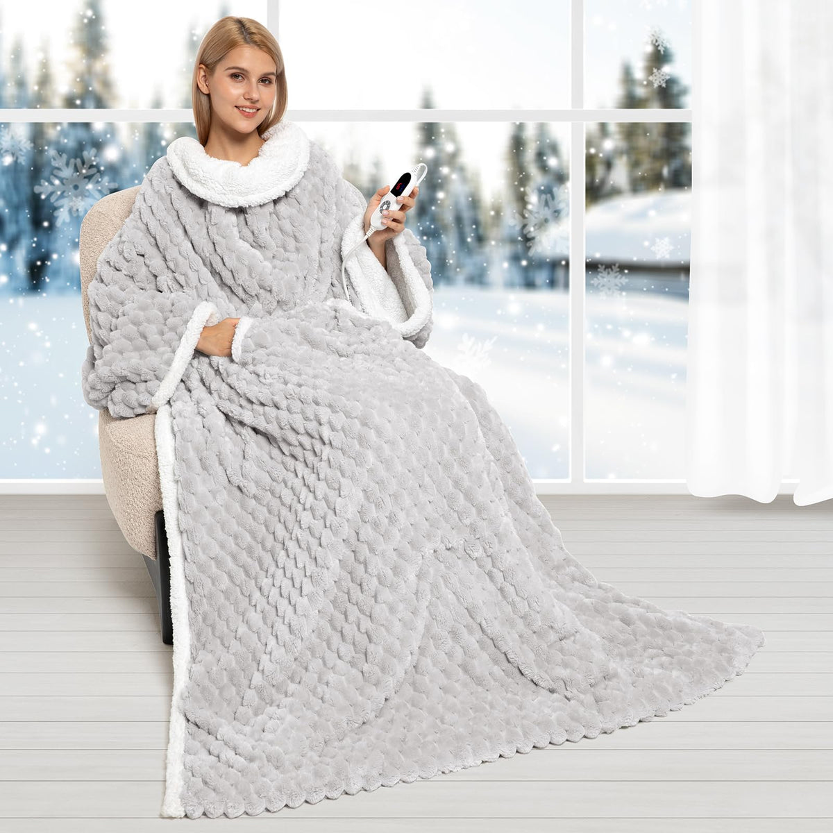 FIGERM plaid chauffant vue avant montrant coupe et motif gris plaid pour confort
