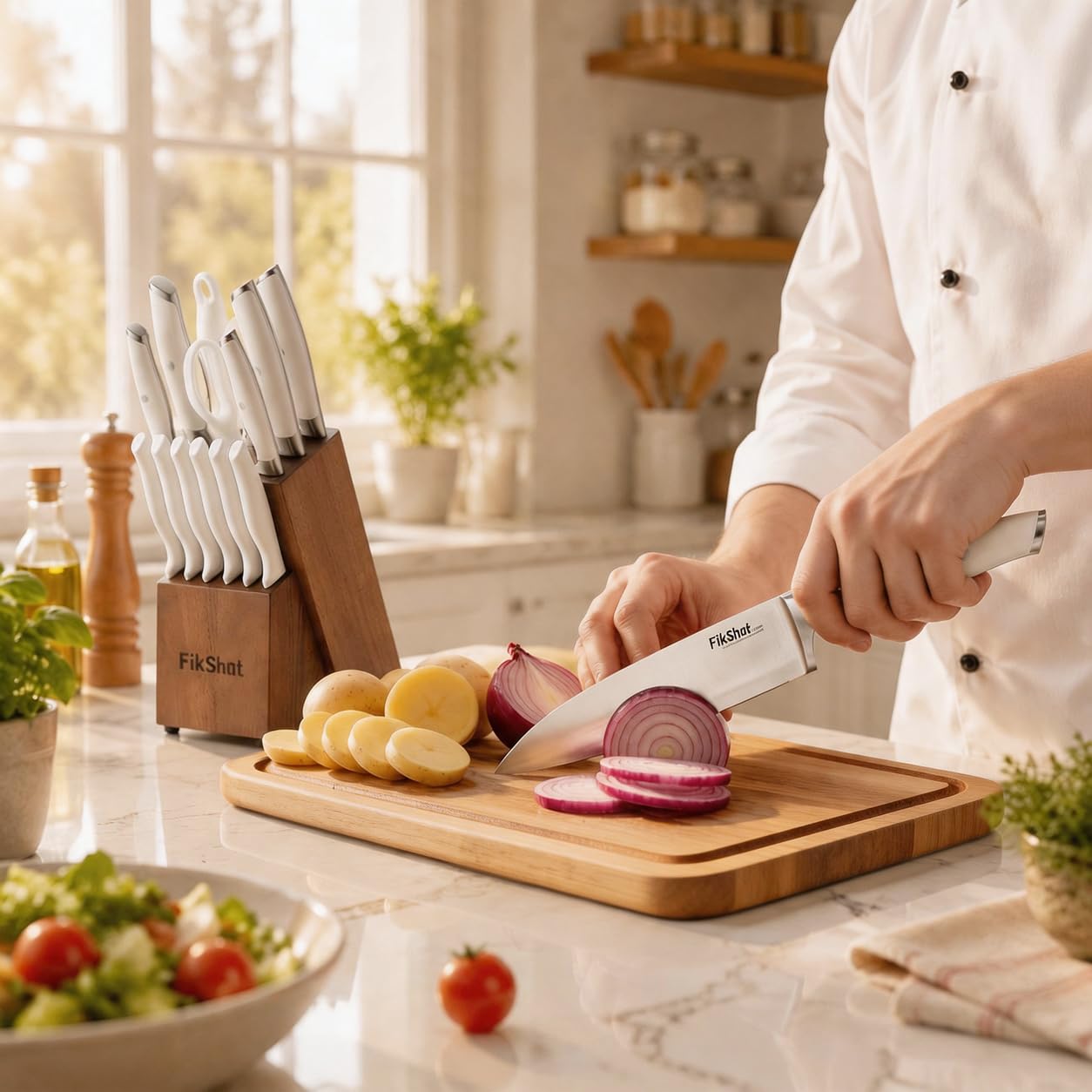 FikShot couteau de chef 8" gros plan lame pour coupes nettes