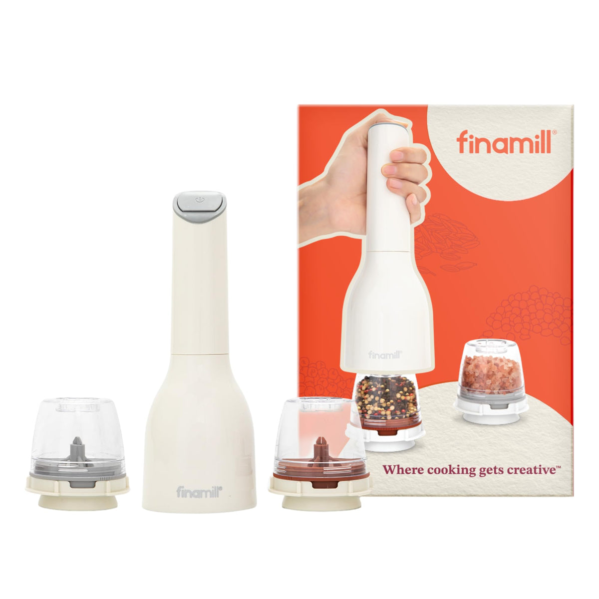 FinaMill vue de face du moulin et emballage, design compact pratique