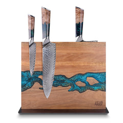 Bloc FINDKING vue avant montrant acacia et résine bleue, améliore rangement