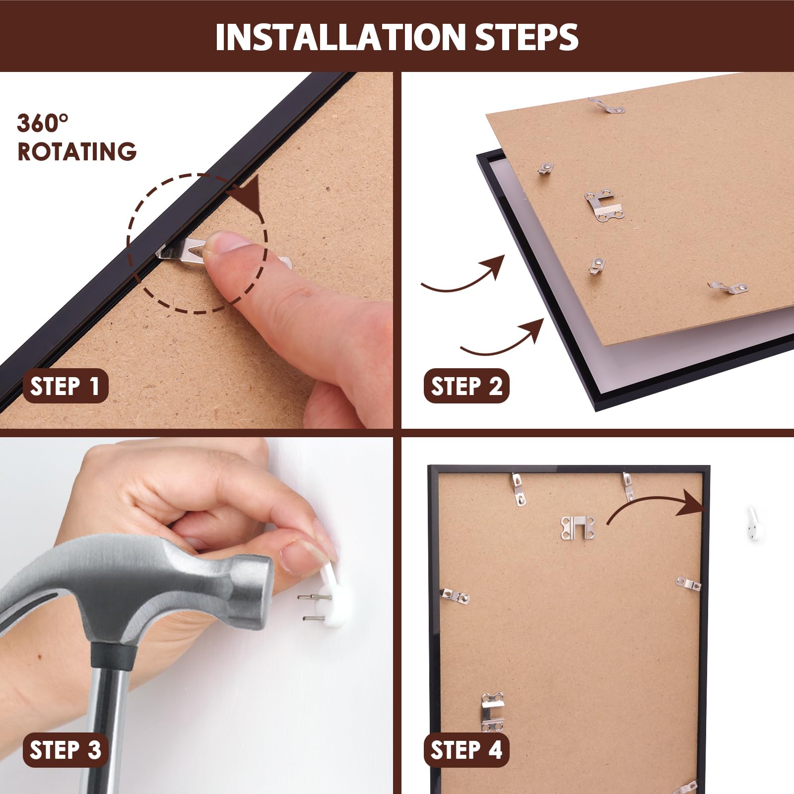 Fixwal emballage et accessoires inclus montrant clous non marquants et instructions fournies