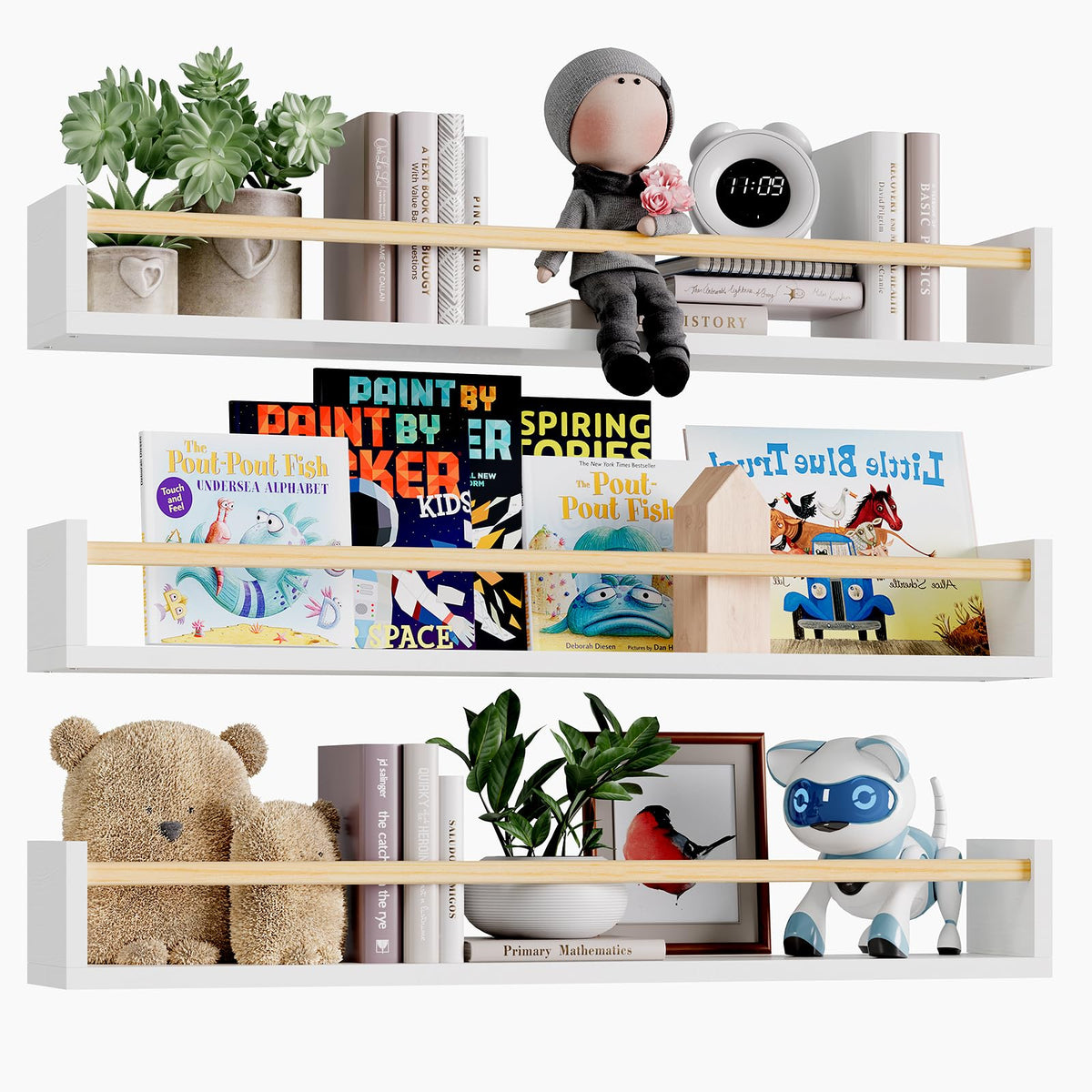 Fixwal vue avant étagère exposant livres et peluches bénéfice rangement accessible