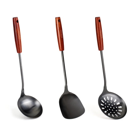 FJNATINH spatule et louche face avant montrant construction durable et finition noire