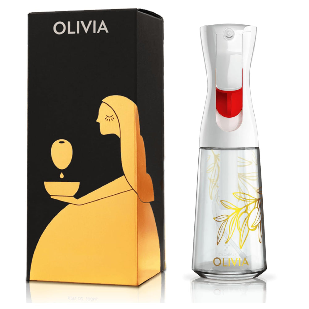 Vaporisateur Olivia à feuilles dorées avec tête blanche et emballage noir