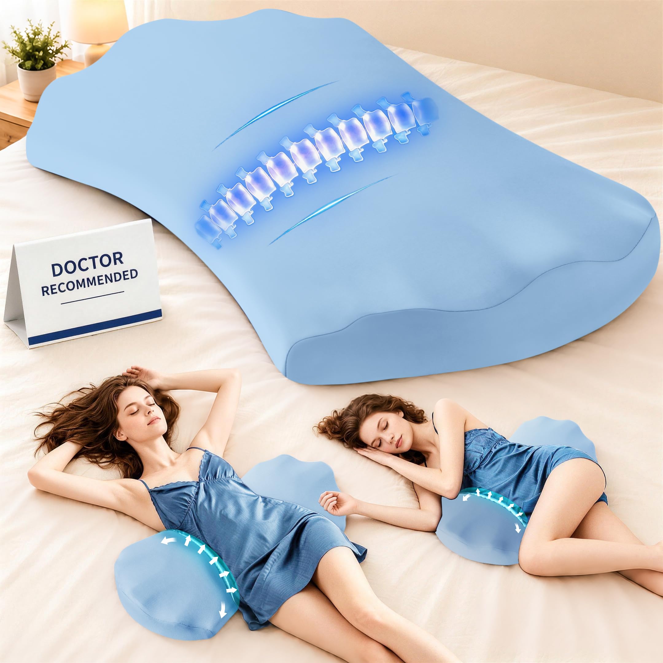 Fledano face du coussin sur lit montre la forme ergonomique et soutien confortable