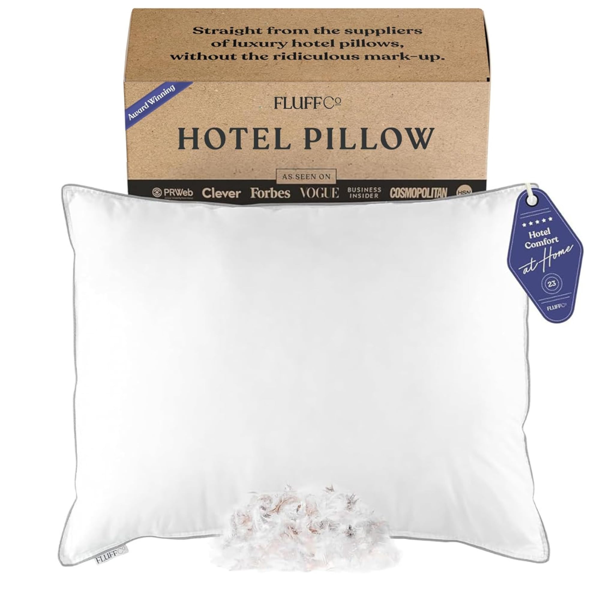 FluffCo oreiller avant emballage montrant design hôtelier et confort