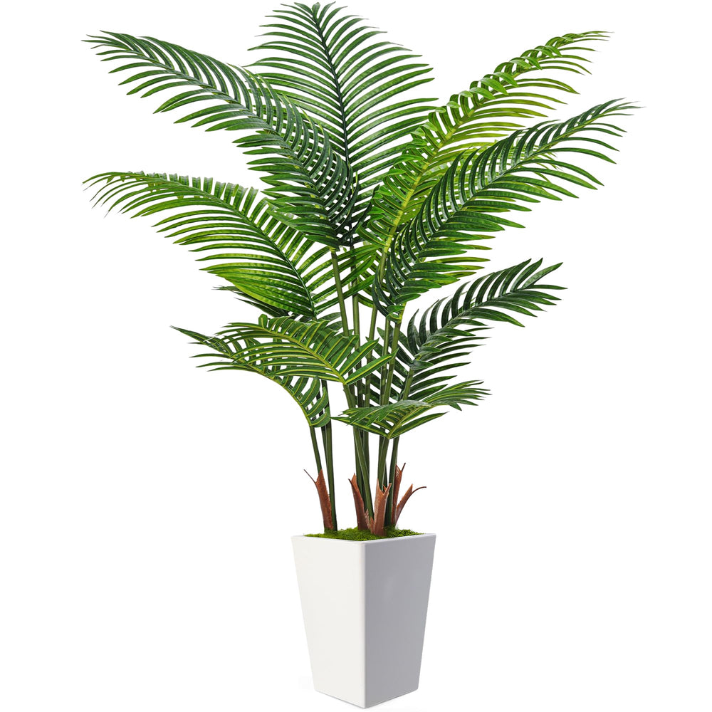Flydeer palmier face avec pot blanc apportant une hauteur visuelle et élégance