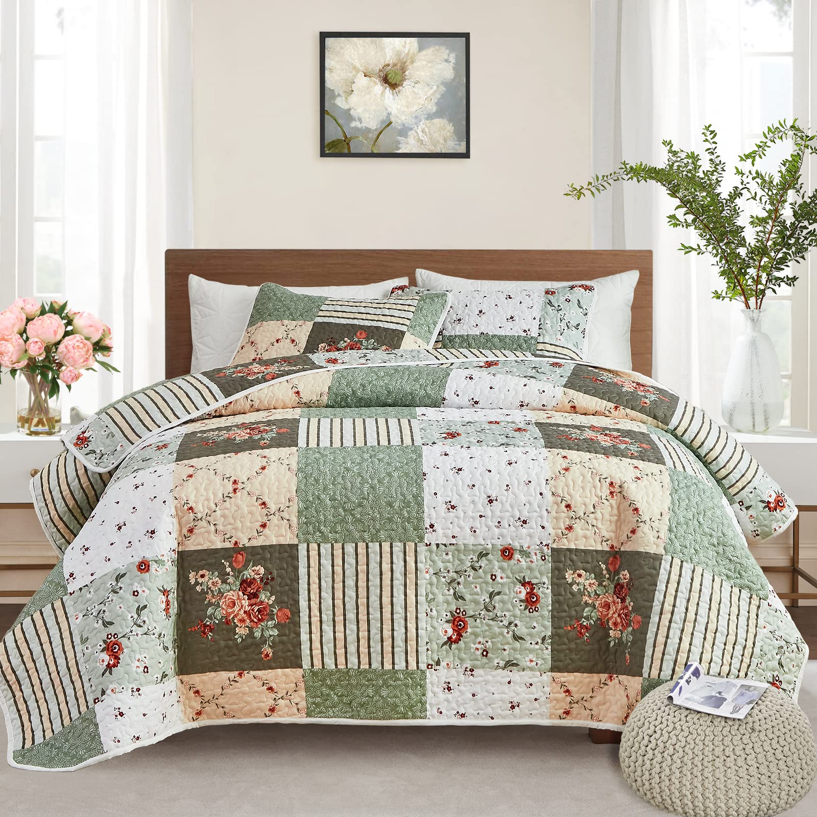 Flysheep couette face avant montrant motif floral et carreaux, habille la chambre