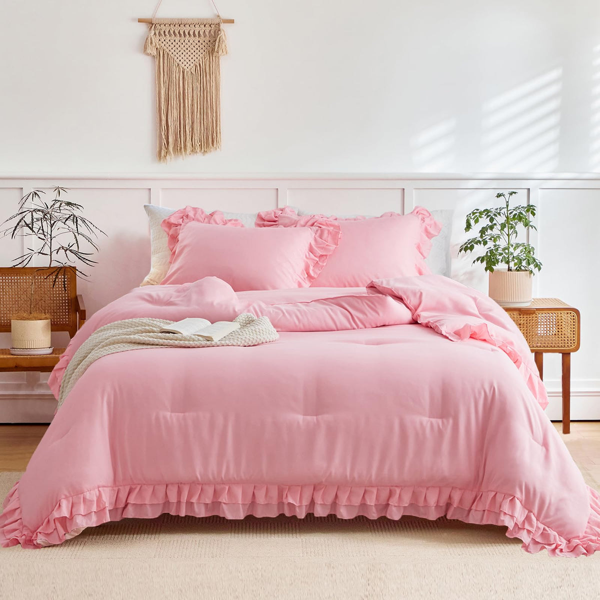 Flysheep couette face avant rose montrant volants et style shabby chic