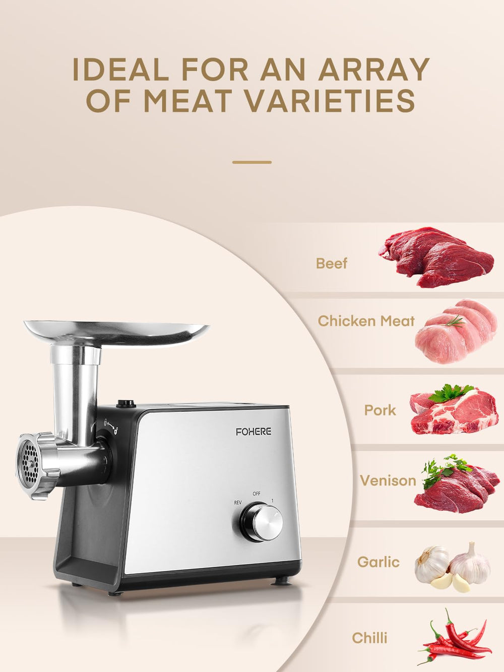 FOHERE hachoir en action broyant viande, productivité élevée pour préparations familiales