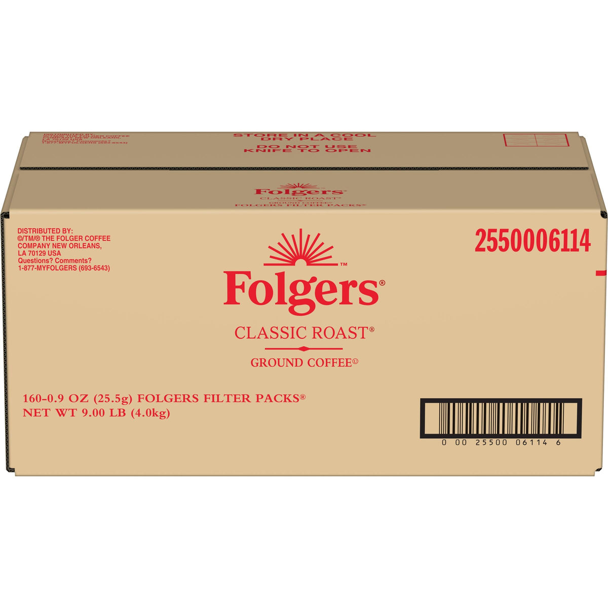 Folgers emballage avant montrant la boîte pratique et l'identité de la marque