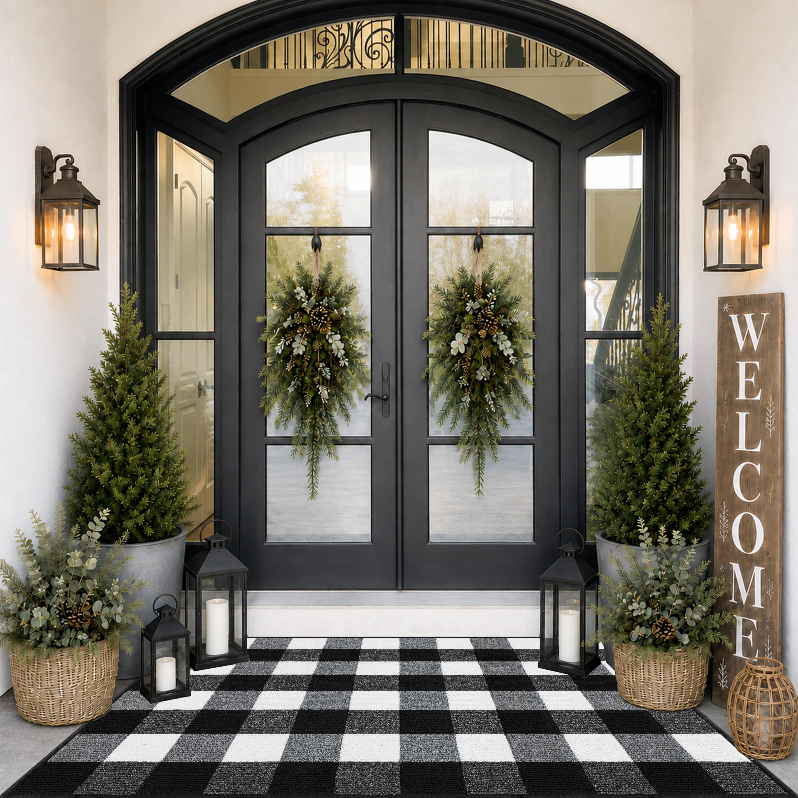 FONEYI face avant tapis buffalo plaid noir et blanc pour une entrée soignée