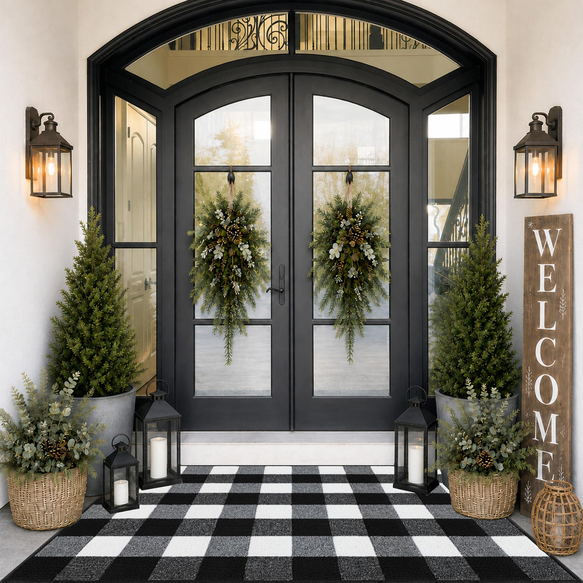 FONEYI face avant tapis buffalo plaid noir et blanc pour une entrée soignée
