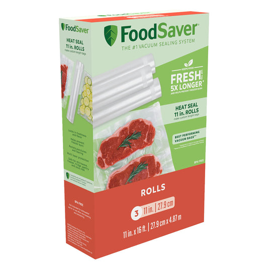 FoodSaver rouleau face avant montrant emballage et longueur pratique