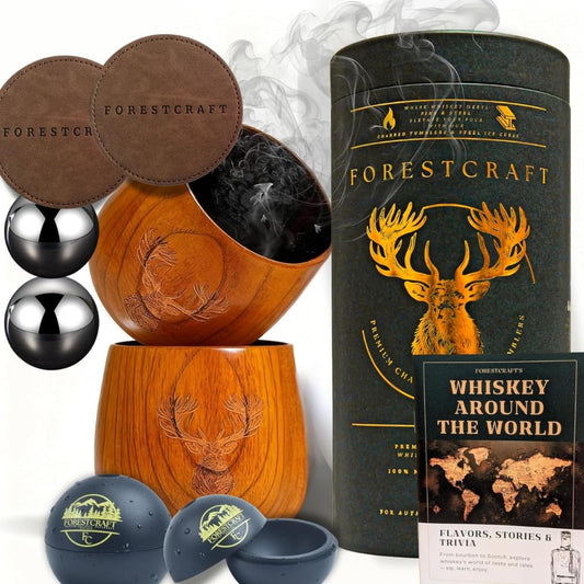 Forestcraft coffret ouvert montrant verres et accessoires, cadeau élégant