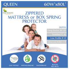 Four Seasons Essentials vue avant de la housse Queen montrant protection complète et finition soignée
