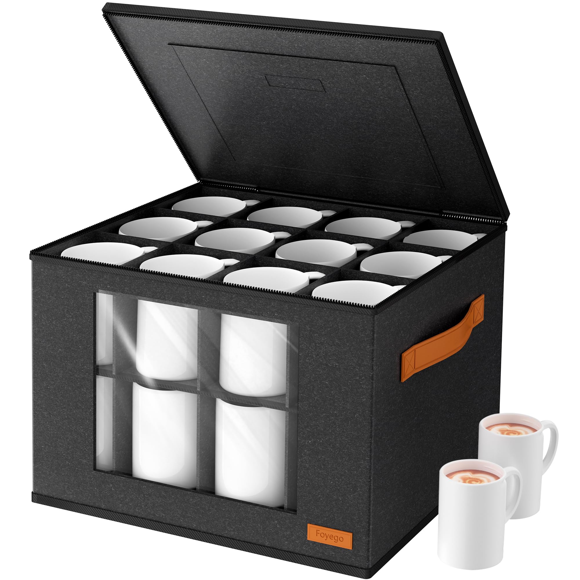 Foyego boîte ouverte montrant 24 compartiments et protection des mugs