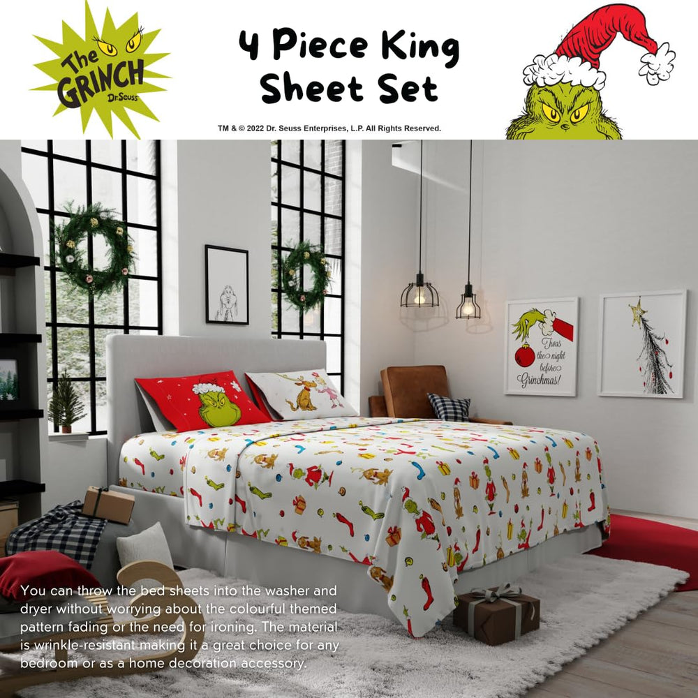 Comparaison d'échelle Franco The Grinch sur matelas King pour visualiser les dimensions