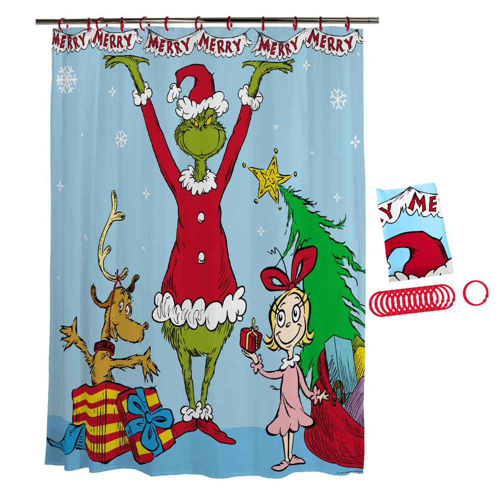 Franco avant du rideau Grinch montrant la scène festive et invitant