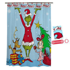 Franco avant du rideau Grinch montrant la scène festive et invitant