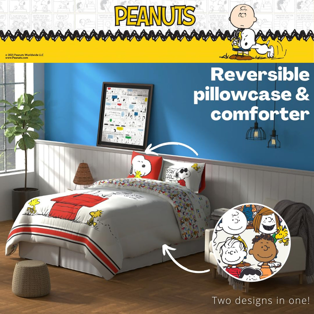 Franco Peanuts couette en usage sur lit fait évoquant une chambre accueillante et ludique