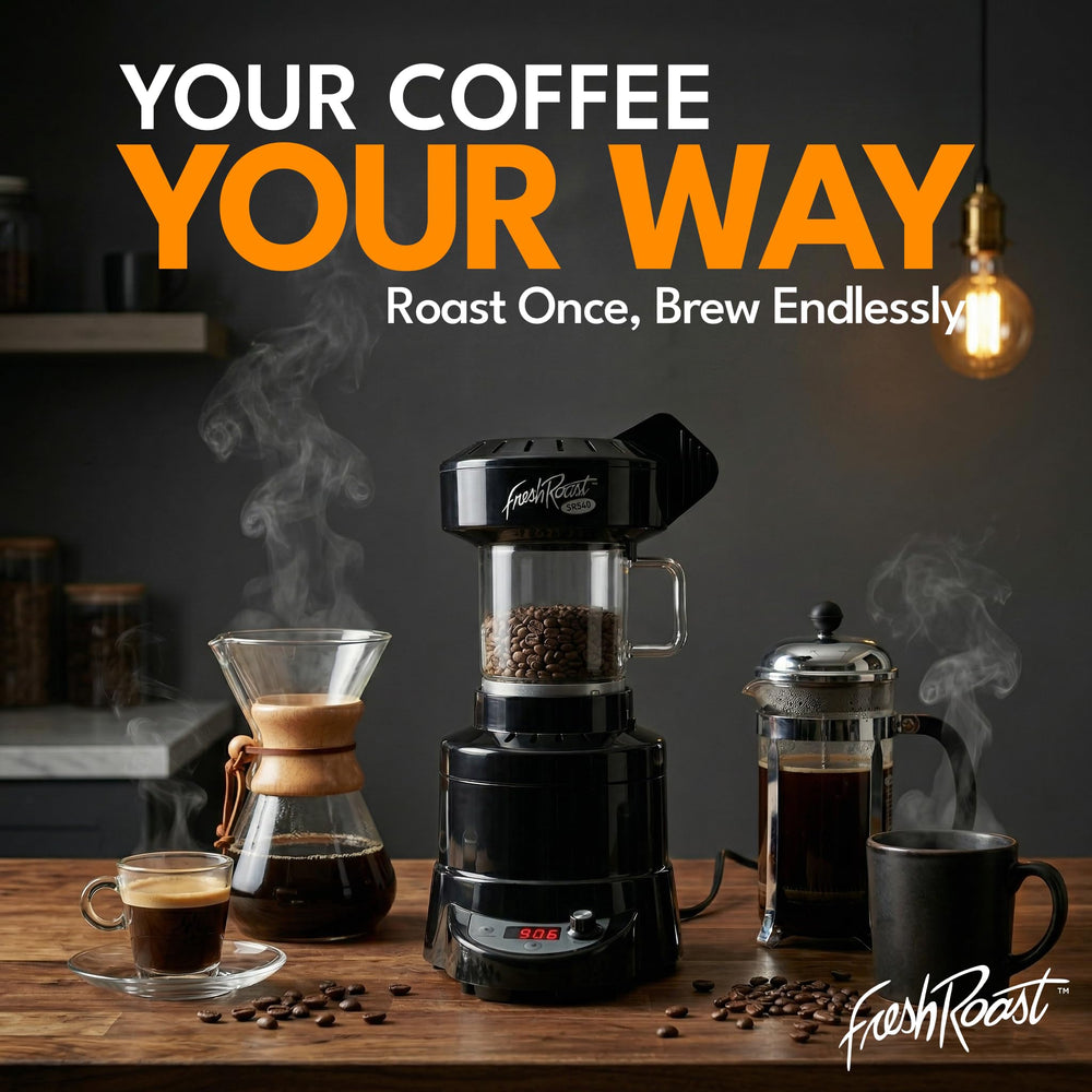 Fresh Roast SR540 grains verts et grains torréfiés illustrant qualité aromatique