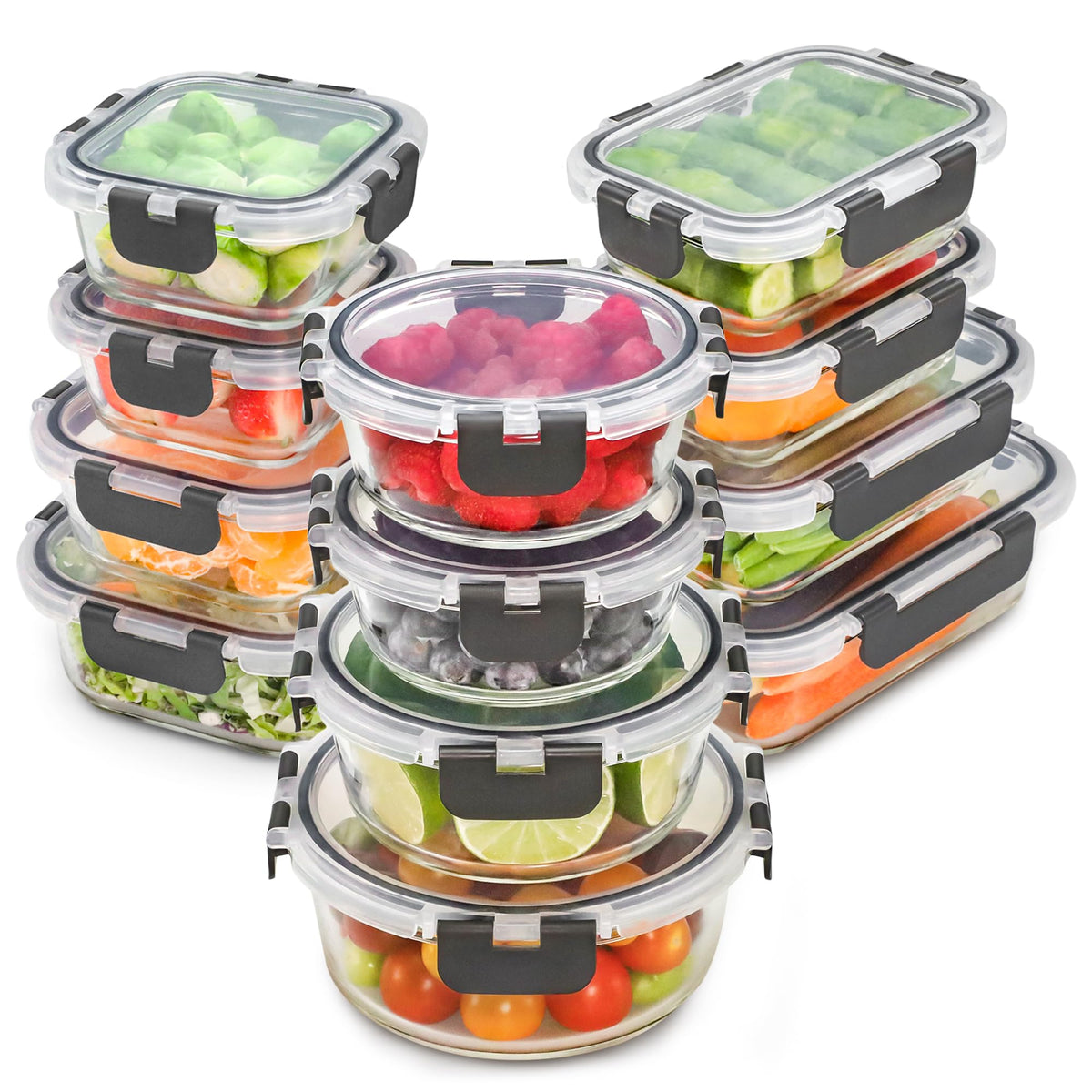 Freshware vue avant du set 24 pièces montrant contenants et couvercles, rangement pratique