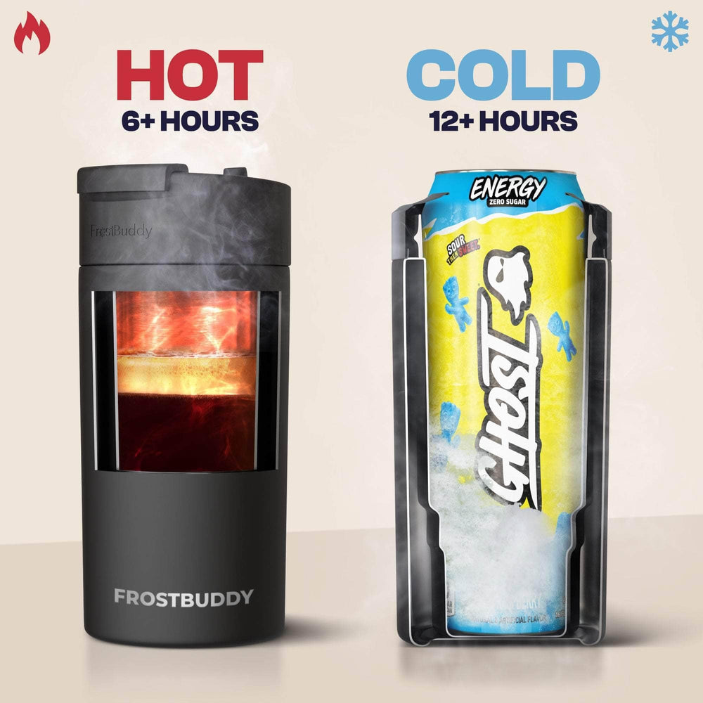 Frost Buddy posé sur le sable à la plage, boisson froide durable