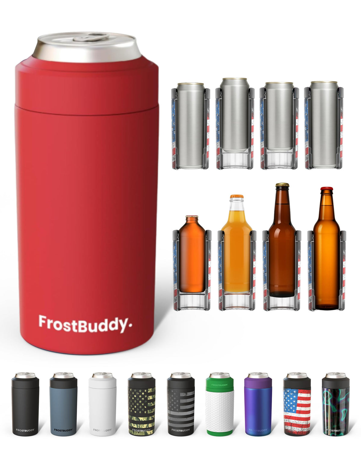 Frost Buddy vue avant du refroidisseur crimson gardant la canette froide