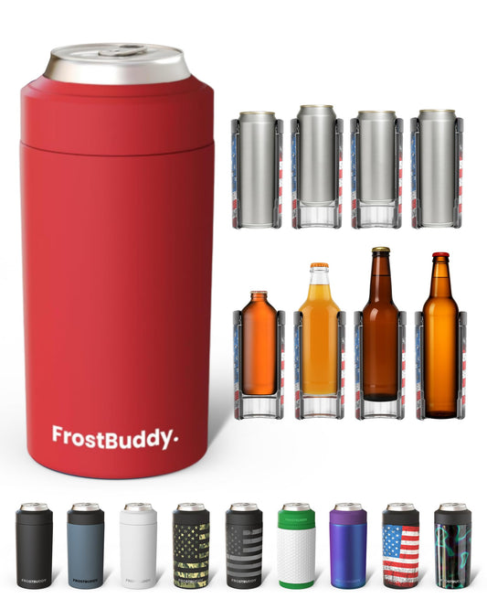 Frost Buddy vue avant du refroidisseur crimson gardant la canette froide