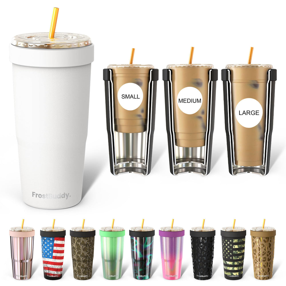 Frost Buddy vue avant du gobelet blanc, design épuré et lisible