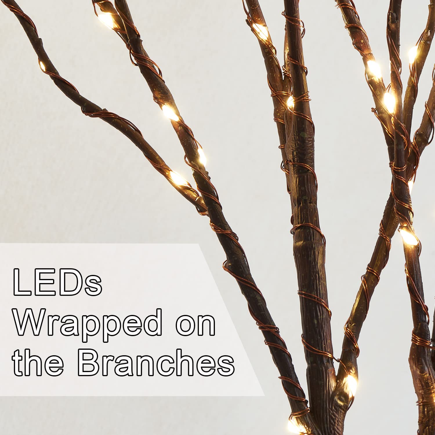 Fudios détail LED blanc chaud sur branches, lumière douce ambiante