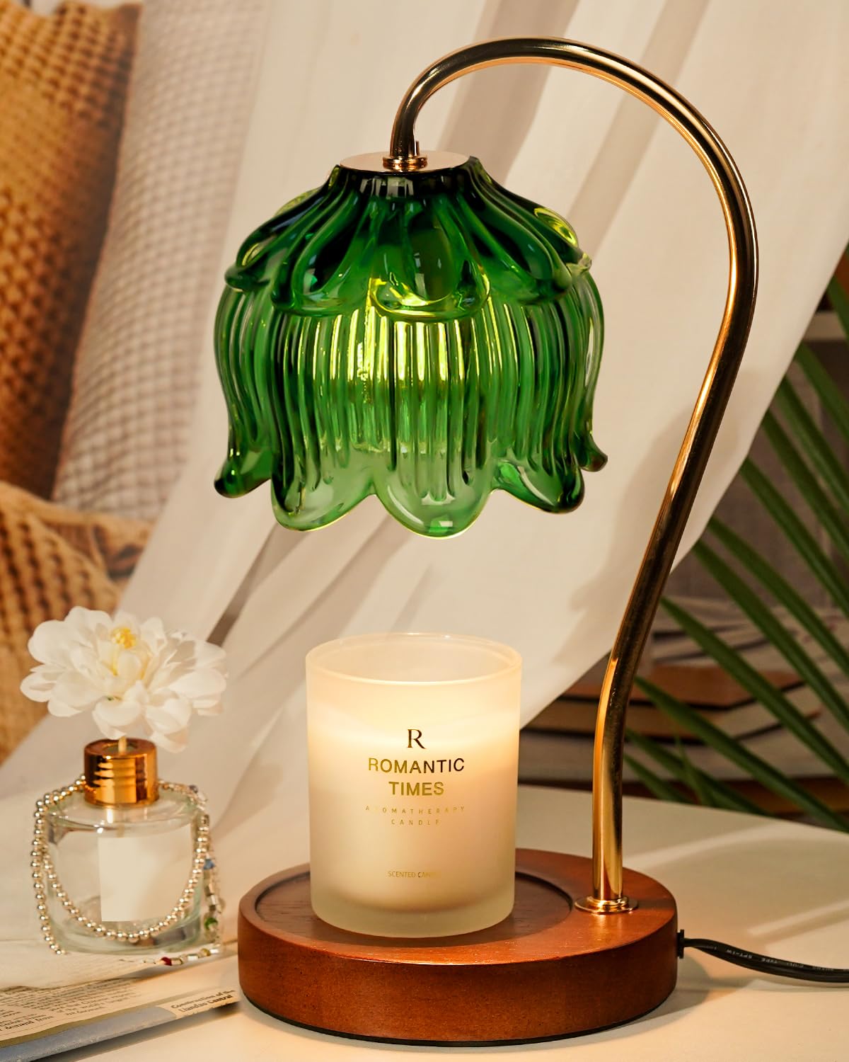 Funistree emballage de la lampe chauffe-bougie verte montrant contenu et atouts
