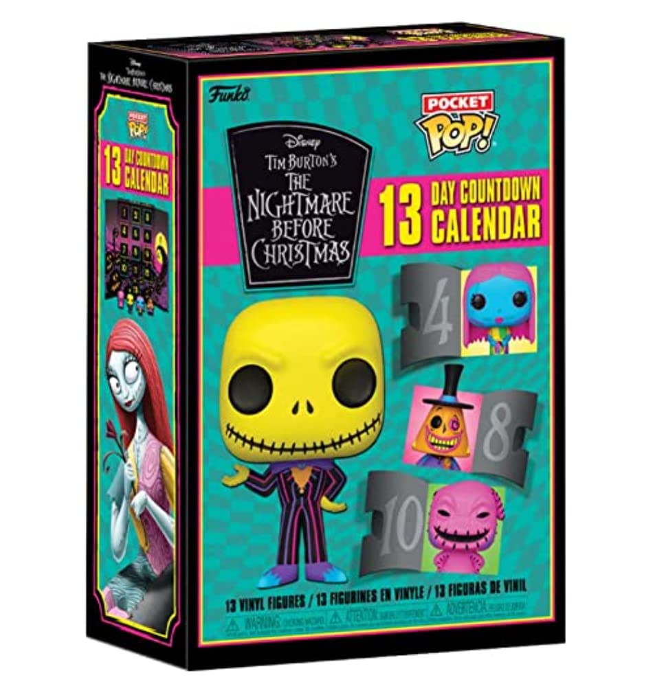 Funko boîte avant du calendrier montrant le design The Nightmare Before Christmas et l'effet festif